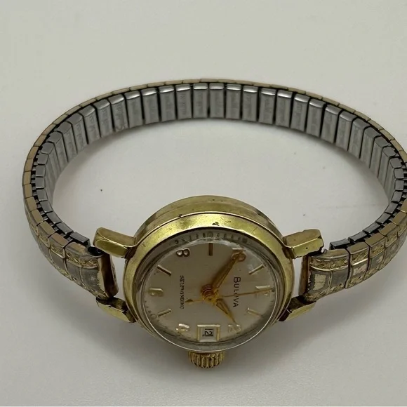 Vintage Bulova Women’s Self-Winding Watch | Two-Tone Stretch Bracelet | Date - Picture 8 of 13